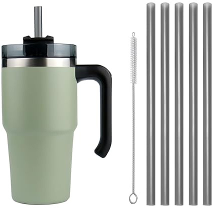 Moollyfox Edelstahl Vakuum Isolierbecher Doppelwandiger mit Griff Strohbürste und 5 Strohhalm Becher Tumbler Tragbare Autobecher Reisebecher für Wasser, Kaffee, Smoothie Getränke (Grün, 20oz/600ml)