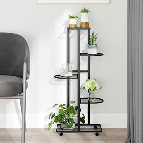 LAPOOH Soporte para Flores 5 Alturas y Ruedas Hierro Negro 44x23x100cm, Soporte Plantas Interior, Macetero Alto, Estanteria Plantas, Soporte Macetas, Estante Plantas, Maceteros Escalera