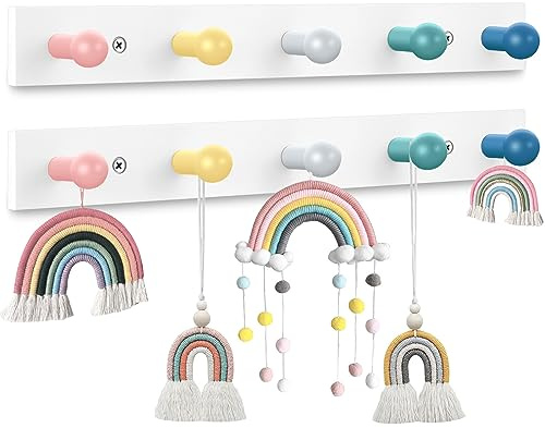 Maitys 2 Pcs Kids Coat Rack Wall Mount Kids Wall Hooks Rainbow Coat Rack Hooks for Boys Girls Toddler Cute Bathroom Decor Colorful Backpack Hanger Supplies for Clothes Hat Towel in Bedroom(Round)