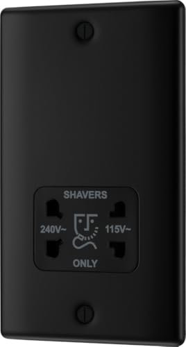 BG Electrical Dual Voltage Shaver Plug Socket, Electric Toothbrush Charger Socket, Bathroom, Raised and Slim Profile, Round Edges, Nexus Metal, 2-Pin, Matt Black,115V / 240V, NFB20B