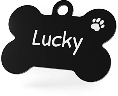 ENGRAVO Hundemarke mit Gravur in Schwarz 38mm | Knochen Halsbandanhänger personalisiert | Namensschild für Halsband | Anhänger Marke für Hunde, Welpen & Katzen | Dog Tag mit Wunschgravur