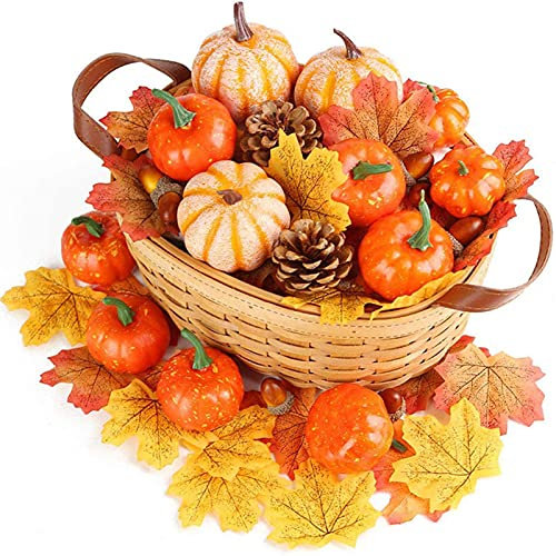 166 Stück künstliche Kürbisse Deko Simulationskürbis Herbstdeko Künstlichen Ahornblättern Gefälschte Kürbisse Tannenzapfen Eicheln für Tischdeko Herbst Halloween Thanksgiving-Dekorationen (166pcs)