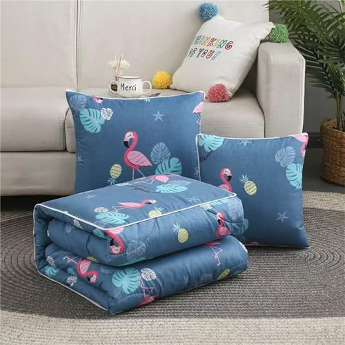 Hixingo Reisedecke und Kissen 2 in 1, Reisedecke mit Kissen Set Multifunktionale Reise Decke und Kissen 2 in 1 Weichem Flugzeug Verwandlungskissen für Urlaub, Camping (50 * 50cm,Blauer Flamingo)
