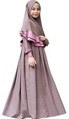 Gebetskleidung F?r Kinder, Zweiteilig Muslimisches Kleid f?r M?dchen, Baby Abaya Islamisches Gebetskleid mit Hijab Muslim Maxikleid Kaftan Ramadan Mittlerer Osten Dubai Arabisch Robe Mauve 6-7 Jahre