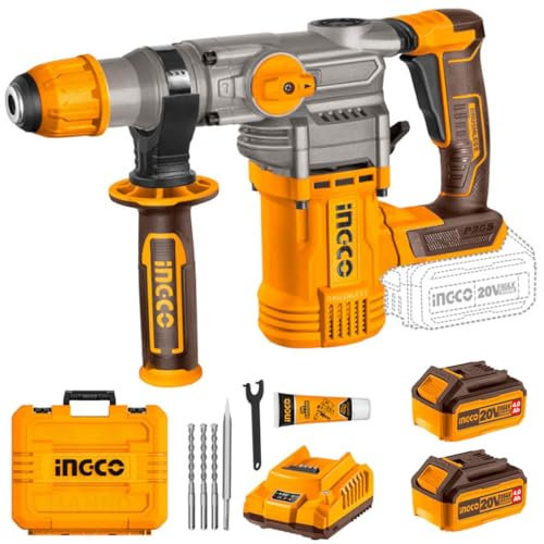 Ingco Crhli202882 Martello Demolitore a Batteria 20 V Sds Plus Trapano Tassellatore Rotativo Brushless 2 batterie 4 Ah in Valigetta