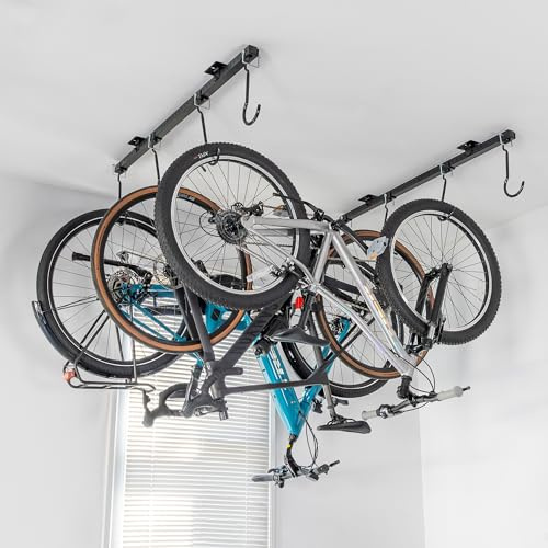 Teal triangel G-Bike takmonterat cykelställ, inomhus garage förvaring för upp till 8 cyklar, justerbara cykelkrokar för Road Mountain MTB E-Bike och barncyklar, 117 x 10 cm x 30 cm