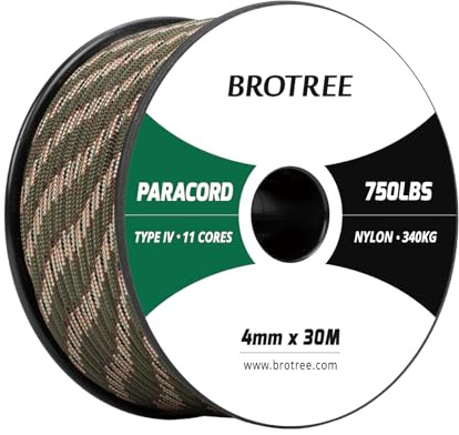 Brotree Paracord 750lbs 4mm 30M 100% Nylonrep 11 Trådar Snöre Typ IV för Utomhus, Camping, Hundkoppel, DIY, Hantverk - 340kg Brottlast (Skogskamouflage)