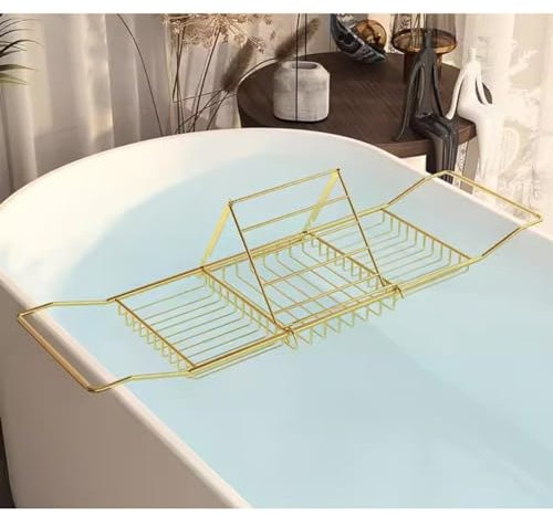 asdchZen Tablett-Badewannen-Aufbewahrungsregal, Erweiterbares Metall-Badewannenregal, Multifunktionaler Badewannen-Organizer, Laptop-Leseregal Für Depot-Waschutensilien (Gold)