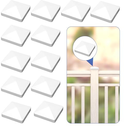 JarThenaAMCS Lot de 12 capuchons de poteau de clôture en vinyle de 10,2 x 10,2 cm, style pyramide blanc, réutilisables, pour porche, clôture, terrasse, escaliers, balustrades