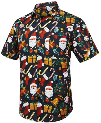 HISDERN Män funkiga hawaiianska skjortor kortärmad framficka semester sommar aloha tryckt strand vardag Hawaii skjorta S-2XL, A-jultomte skjorta, M