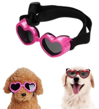 Hundebrille in Herzform, windabweisend, herzförmig, verstellbar, sonnenfest, wasserdicht, für kleine Hunde (Rosa)