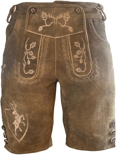 Krist und König Lederhose Herren Modell Wildbock – Trachtenlederhose aus feinstem Wildbockleder, kurz, inkl. Hosenträger, zeitlos & hochwertig, Größe 58, braun