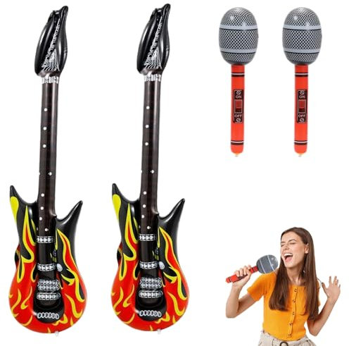Inflatable Guitar,4 Pcs Blow Up Guitar Inflatable Microphone Punk Rock Star Party Props Set Flame Design Guitars for Adults Kids for Birthday Themed Carnival Party Fancy Dress Accessory