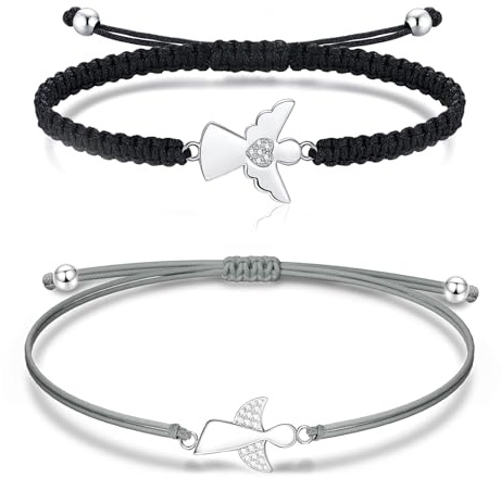 JENCVNL Schutzengel Armband Damen Silber 2 Stück Verstellbares Schutzengel Armbander Handgefertigtes Glücksbringer Armband Freundschaftsband für Frauen Mädchen (Schwarz+Grau)