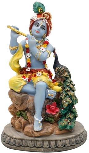 alikiki Statue du Dieu Hindou Krishna – 14 cm H Inde Lord Krishna Idol Jouez à la flûte avec Paon Murti Article Maison Bureau Temple Mandir Sanctuaire Autel Pooja Décor Diwali Puja Décor Cadeaux pour