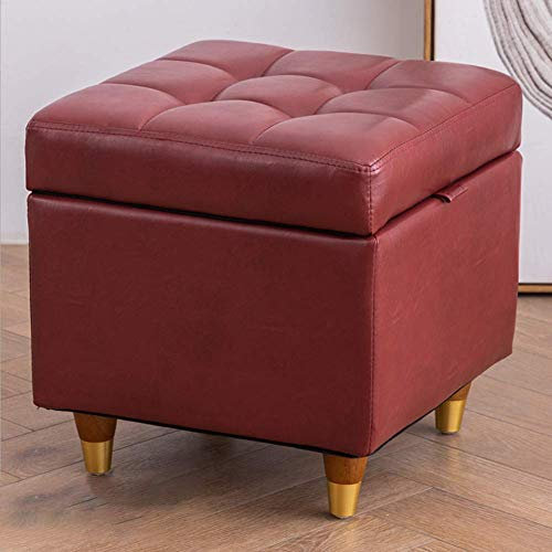 Ottomane aus Leder für Wohnzimmer, Schlafzimmer, quadratisch, Massivholz, mit 4 Beinen, belastbar und verschleißfest, Höhe 40 cm, Rot