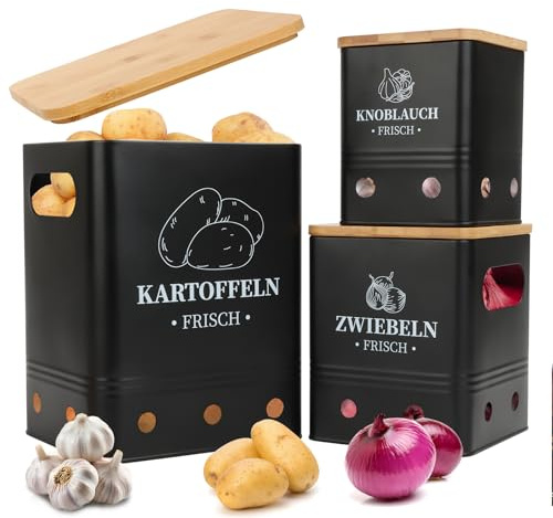 Aevcvok Kartoffel Aufbewahrungsbox 3er Set, Aufbewahrung Kartoffeln Zwiebeln Knoblauch, Kartoffel Aufbewahrung mit Bambusdeckel, Hält Gemüse Länger Frisch, Stapelbar & Verschachtelbar, Schwarz