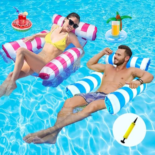 2 Stück Luftmatratze Wasser mit 1 Luftpump und 2 Getränkehalter，4 in 1 Wasserhängematte mit Netz Aufblasbare Schwimmsessel Wasser Matratze Pool Zubehör Liege Sofa Stuhl Sitz Erwachsene Kinder Stabil