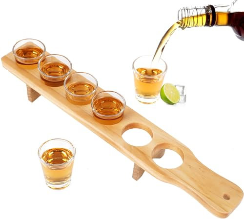 NIUBEST Shot Glass Holder Set of 6 Tequila Shot Glasses and Serving Tray,Clear Shot Glass Set for Party, Bar, Club, Cocktail（Nature Wood）