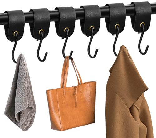 S Haken Schwarz mit Lederschlaufe 6 Haken Garderobenhaken Kleiderhaken | Metallhaken Edelstahl-S-Haken Leder-Schwarz Fleischerhaken Zum Einhängen für Küche Bad Schlafzimmer Garderobe und Camping