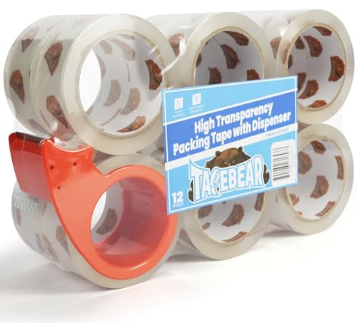 TAPEBEAR Ruban d'Emballage Transparent avec Dispenseur - 68 µm d'Épaisseur, 48 mm x 50 m - Ruban Adhésif Ultra-Résistant pour Cartons, Expédition et Stockage (Lot de 12 Rouleaux)