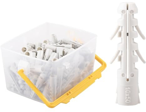 Allzweckdübel, 10x50mm, 100 Stück Universal Spreizdübel aus Polypropylen in einer praktischen, stapelbaren Dübel Box mit Henkel für Befestigungen in Stein, Ziegel und Beton Mauerwerk