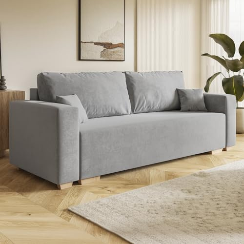 MOTIVENA Viego Sofagarnituren, 3 Sitzer Sofa mit Bettfunktion, Schlafsofa 215 cm Breit, Klappsofa mit Schlaffunktion, Bettsofa mit Schlaffunktion, Taschenfederkern (H3), Samt Sofa Grau (Hellgrau)