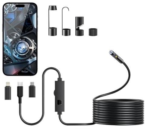 Camera Endoscopique 1920p HD, Endoscopique D'Inspection à Double Lentille, 3 en 1 USB Camera Endoscopique, De PortéE avec 8+1 LumièRes LED pour Smartphone Android Et iOS, Iphone, Ipad (16,5 Ft/5m)