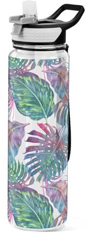 Bouteille d'eau de sport en Tritan sans BPA avec paille - Motif feuilles de palmier tropicales - 1 l - Pour homme, femme, enfant