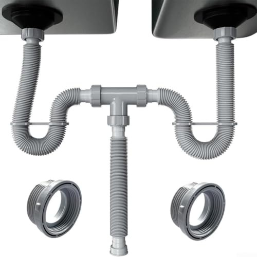 Drenaje Ajustable Kit de para Fregadero dobletrampa Flexible P de 1-1/2 y 1-1/4 Pulgadas | tubos extensibles de 20-80 cm juego de fontanería de plástico gris