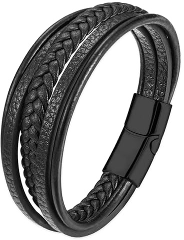 Mochity Läderarmband för män, pärlarmband, svart blå bruna armband för män, med presentförpackning, 21CM, Läder, rostfritt stål, läder