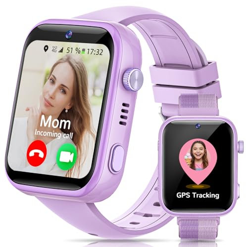 AIMIUVEI 4G Smartwatch Bambini, Orologio Smartwatch Bambini HD da 1,83'' con Chiamate e Videochiamate, Whatsapp, Wi-Fi, Chat Vocale, GPS, SOS, SMS, Impermeabile IP68, modalità Scuola (Viola)