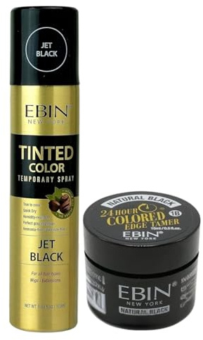 EBIN NEW YORK Temporary Hair Color Spray Black 3.38 oz Bundle with 24 Hour Colored Edge Tamer Jet Black 0.5 oz – Root Coverage and Edge Styling Gift Set (2 Items)