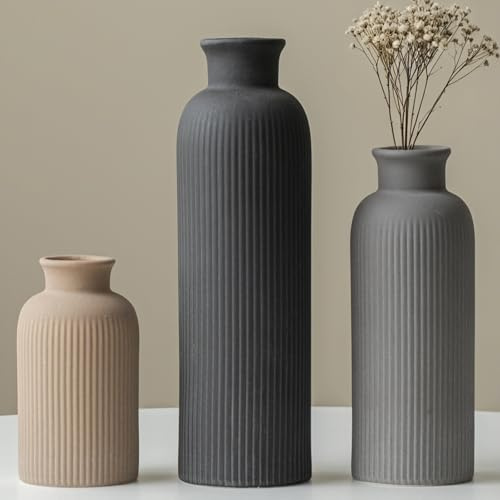 Modern Ceramic Vase Set, Black Ribbed Matte Design, 3-Piece Decorative Vases for Home, Living Room, Office (Black Mix)