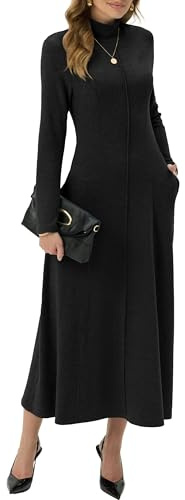 Grecerelle, maxi abito da donna con collo alto, maniche lunghe, elegante, casual, da lavoro, da giorno, da appuntamento, comodo, in tessuto elasticizzato, abito lungo invernale con tasche, Nero , XXL