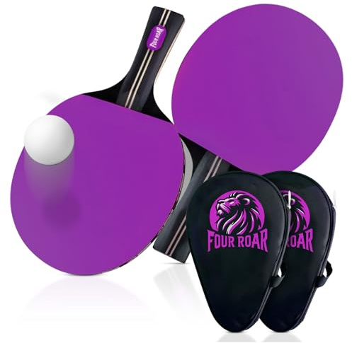 FourRoar Palas de Ping Pong con 7 Capas Pack 2 Palas | Raquetas de Ping Pong para Jugadores de Todos los Niveles | Incluye 2 Pelotas y 2 Fundas para Guardar la Pala | Color Violeta