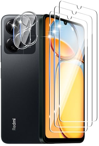 DXULWLM 3+2 Piezas Cristal Templado para Xiaomi Redmi 13C/Poco C65,con protector de Lente de cámara,HD transparente,Dureza 9H,Sin Burbujas,Anti-Arañazo Protector de Pantalla