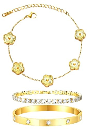 LIUYIDM 18K Vergoldet Kleeblatt Armband Goldener Fünfblättriger Kleeblattschmuck Armbänder Gold Elegante Accessoires Armband, Glückssymbolgeschenke für Den Alltag, Geburtstage, Hochzeiten