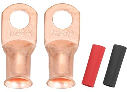 sourcing map 2pcs 1/0 AWG M10 Battery Lugs Ring Terminals, 3/8 10mm Stud Crimp Wire Terminal Connector End Copper, 2:1 Heat Shrink Tubing, Gold