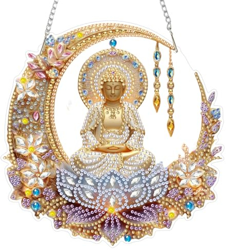 AIRDEA DIY Buddha Statue Diamond Art Ornament Kit for Adults, Double-Sided Lotus Flower Diamond Painting Hanging Kit, DIY Acrylic Special Shaped Drills Hanging Suncatcher 8x8 inch