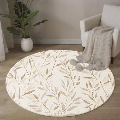 Tappeto Soggiorno Rotondo, 120 Cm, Per Camera Da Letto Tappeto Pelo Corto, Motivo A Foglia Salice Lavabile Tappeti Rotondo Bianco, Per Soggiorno, Sala Da Pranzo Semplice Stampa Botanica