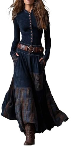 Vestido camisero para mujer, largo de manga larga, a cuadros, vestido de otoño, elegante, vestido de invierno, vestido maxi de línea A, vestido vintage rústico, vestido largo boho con bolsillos con