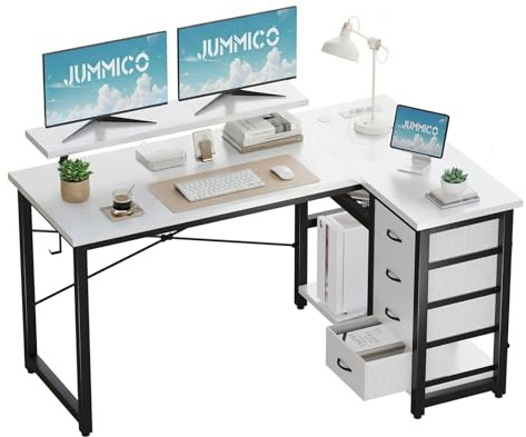 JUMMICO L-Form Schreibtisch 160×80cm Beidseitig Montierbar mit Steckdosen | L-Form Eckschreibtisch mit 4 Stoffschubladen & viel Stauraum, Computertisch mit Steckdosen für Homeoffice und Gaming