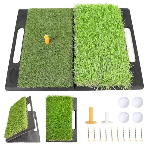 Golf slaktmatta 53,5 x 40 cm, vikbar golf-slagmatta, bärbar golf-övningsmatta, golf träningsmatta med 4 golfbollar och tillbehör, grov och fairway för drivning, chipping och puttingträning