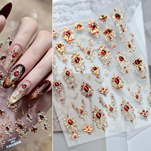 Cosblisvia Nagelsticker Selbstklebend, Nail Art Zubehör mit Roten Edelsteinen für Frauen, Mädchen, Maniküre-Liebhaber für Hochzeiten, Partys, Salon (Gold Barock Stil)