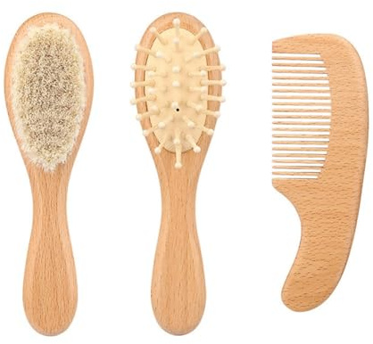 KikoSpark Weiche Ziegenborsten Babybürste und Kamm Set für Neugeborene - Babyhaarbürsten Set - Pflegekit