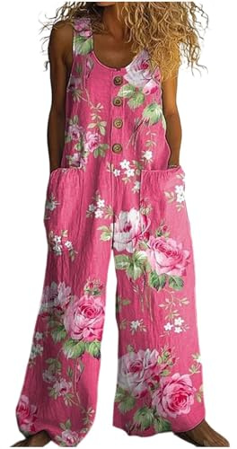 Udbeksid Salopette Donna Estiva, Tuta Intera Elegante Boho Chic Senza Maniche, Tuta Larga Stampa con Tasche Baggy Wide Leg, Tute Cotone Casual Comode per Mare Vacanza e Tempo Libero