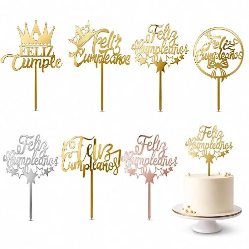Gemejutor Set de Topper Feliz Cumpleaños para Tarta 7 Piezas, Decoración de Acrílico Dorado con Efecto Espejo y Pincho, 4 Diseños y 1 Diseño en 3 Colores para Pastel, Fiesta y Mesa Dulce