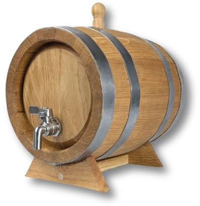 Eichenholzfass Holzfass 5 Liter Fass mit hochwertigem Edelstahl-Kugelzapfhahn – Traditionelles Schnapsfass Whiskyfass Weinfass inkl. Bock & Stopfen