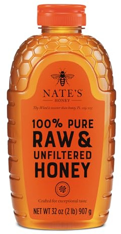 Nature Nate's 100% Pure Raw & Unfiltered Honey; 32-oz. Squeeze Bottle; Certified Gluten Free and OU Kosher Certified; Enjoy Honey's Balanced Flavors, Wholesome Benefits and Sweet Natural Goodness